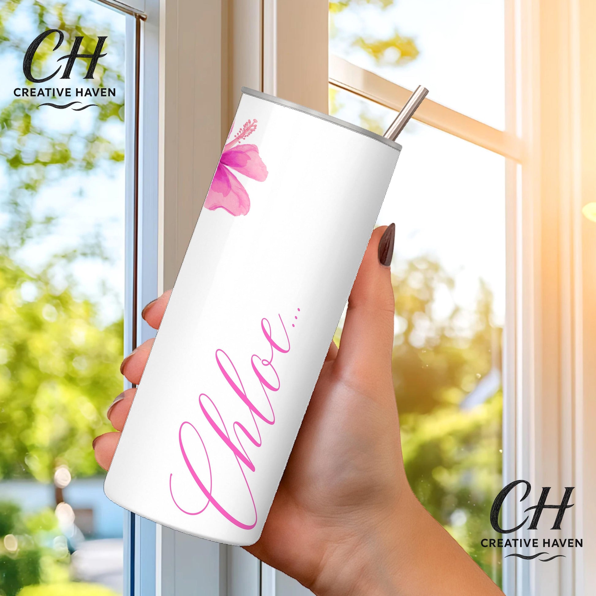 Personalised Name Tumbler 20oz | Floral Hibiscus Cup with Straw & Lid | Custom Colour Skinny Tumbler | Gift for Her | Summer Drink Cup