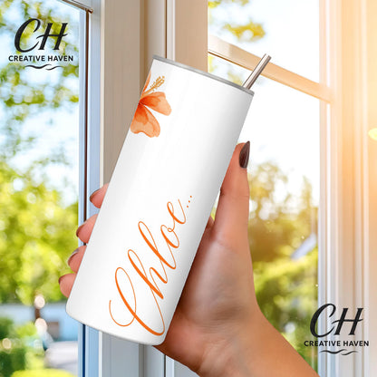 Personalised Name Tumbler 20oz | Floral Hibiscus Cup with Straw & Lid | Custom Colour Skinny Tumbler | Gift for Her | Summer Drink Cup