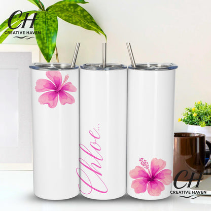 Personalised Name Tumbler 20oz | Floral Hibiscus Cup with Straw & Lid | Custom Colour Skinny Tumbler | Gift for Her | Summer Drink Cup