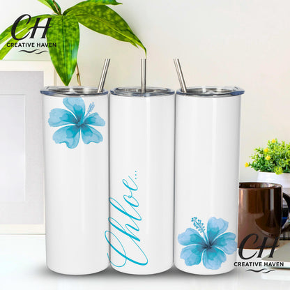 Personalised Name Tumbler 20oz | Floral Hibiscus Cup with Straw & Lid | Custom Colour Skinny Tumbler | Gift for Her | Summer Drink Cup
