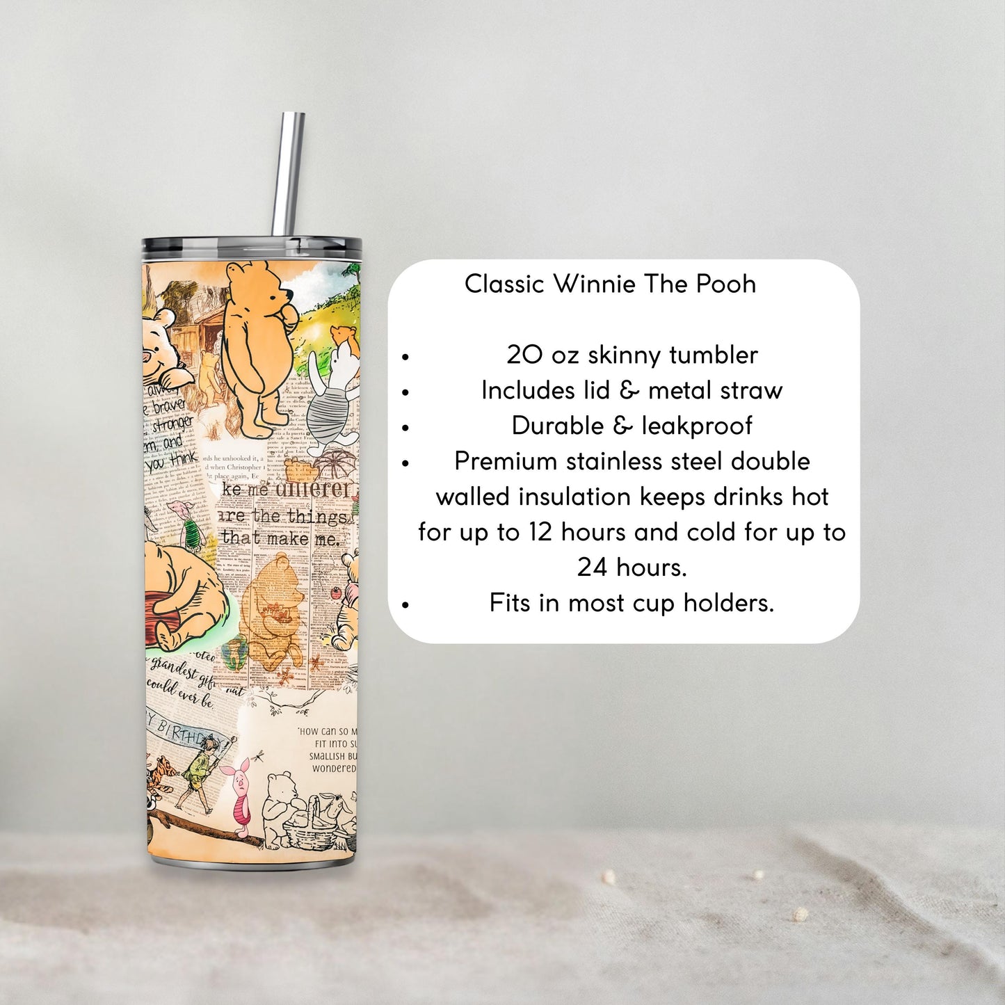 Personalised Winnie the Pooh Gift Set, Matching Tumbler & Foil Birthday Card, 20oz Skinny Cup