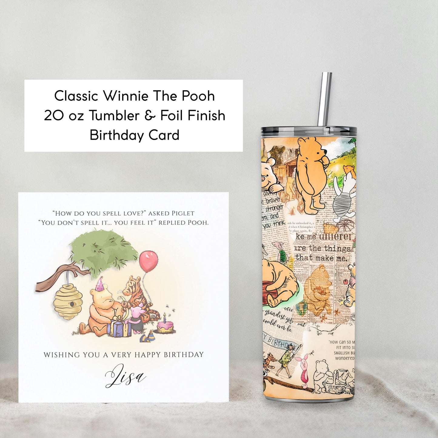 Personalised Winnie the Pooh Gift Set, Matching Tumbler & Foil Birthday Card, 20oz Skinny Cup