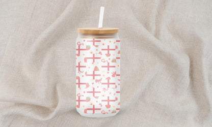 England Strawberry Frosted Glass Tumbler | 18oz Glass Can Cup with Bamboo Lid & Straw | Cute England Gift | Summer Drinkware