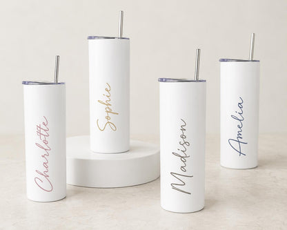 Personalised Name Tumbler | Custom 20oz White Stainless Steel Cup with Straw | Personalised Gift | Bridesmaid, Teacher, Nurse, Birthday Gift