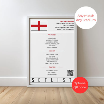 Personalised England Football World Cup Setlist Print | Football Soundtrack Poster | QR Code Gift | Any Team, Any Match | A4 & A3