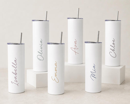 Personalised Name Tumbler | Custom 20oz White Stainless Steel Cup with Straw | Personalised Gift | Bridesmaid, Teacher, Nurse, Birthday Gift