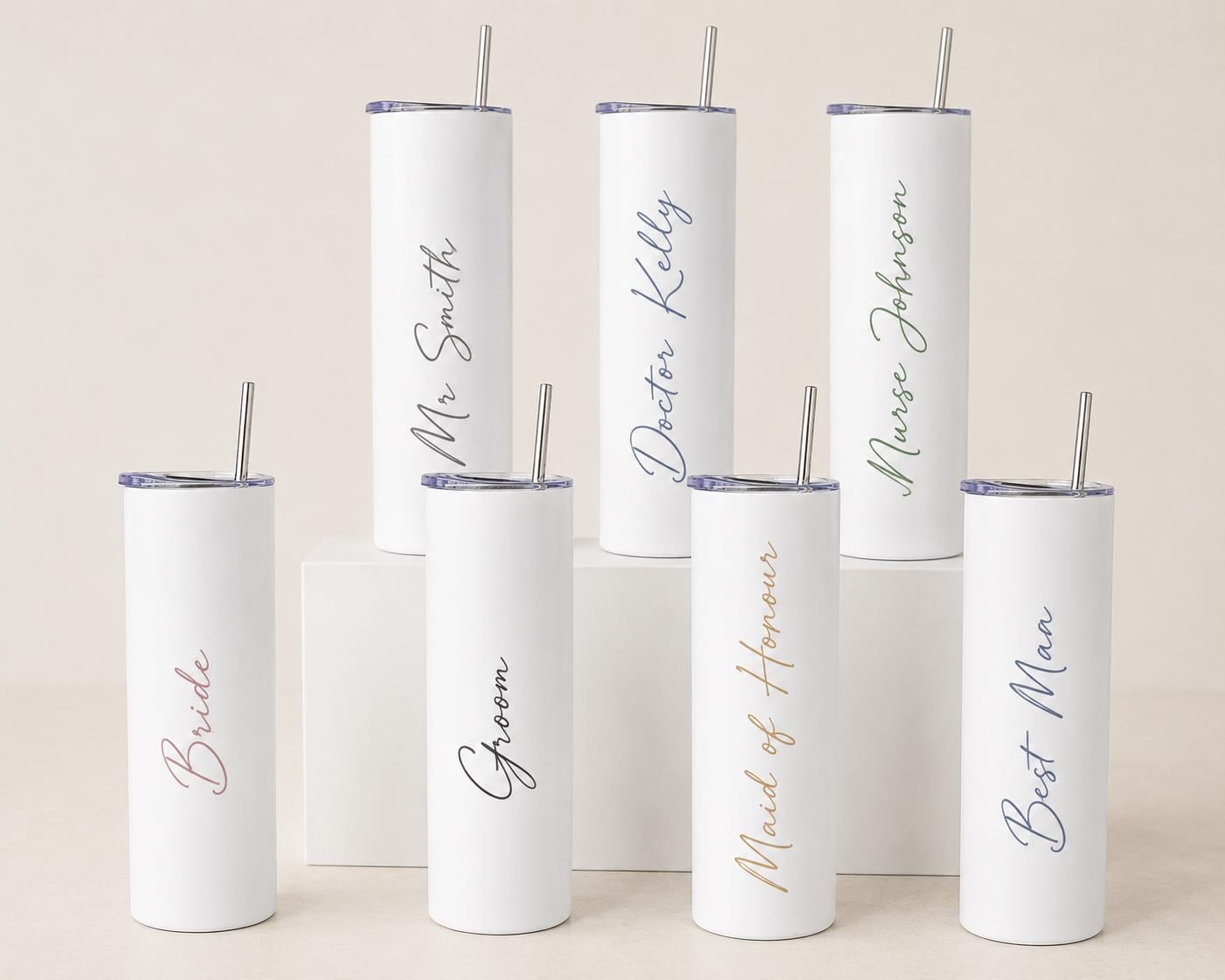 Personalised Name Tumbler | Custom 20oz White Stainless Steel Cup with Straw | Personalised Gift | Bridesmaid, Teacher, Nurse, Birthday Gift