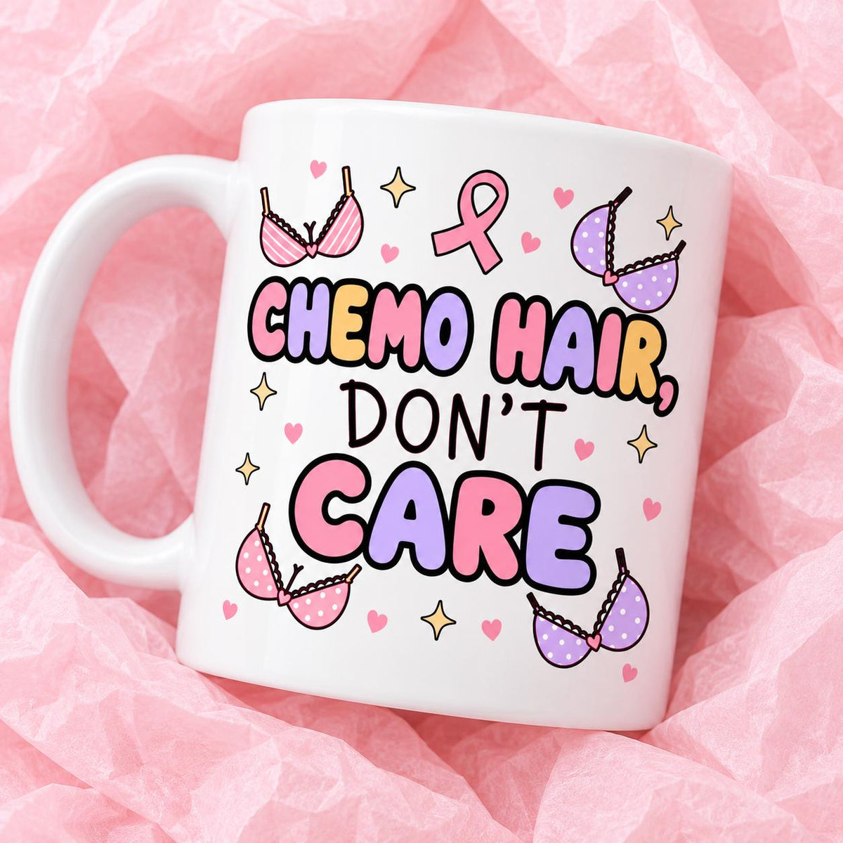 Breast cancer awareness 11oz ceramic mug with funny survivor design on pink tissue paper.