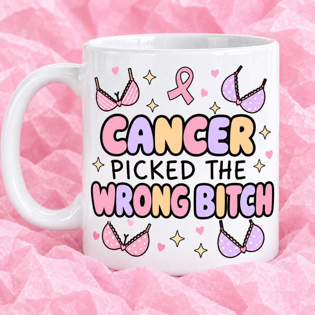 Breast cancer awareness 11oz ceramic mug with funny survivor design on pink tissue paper.