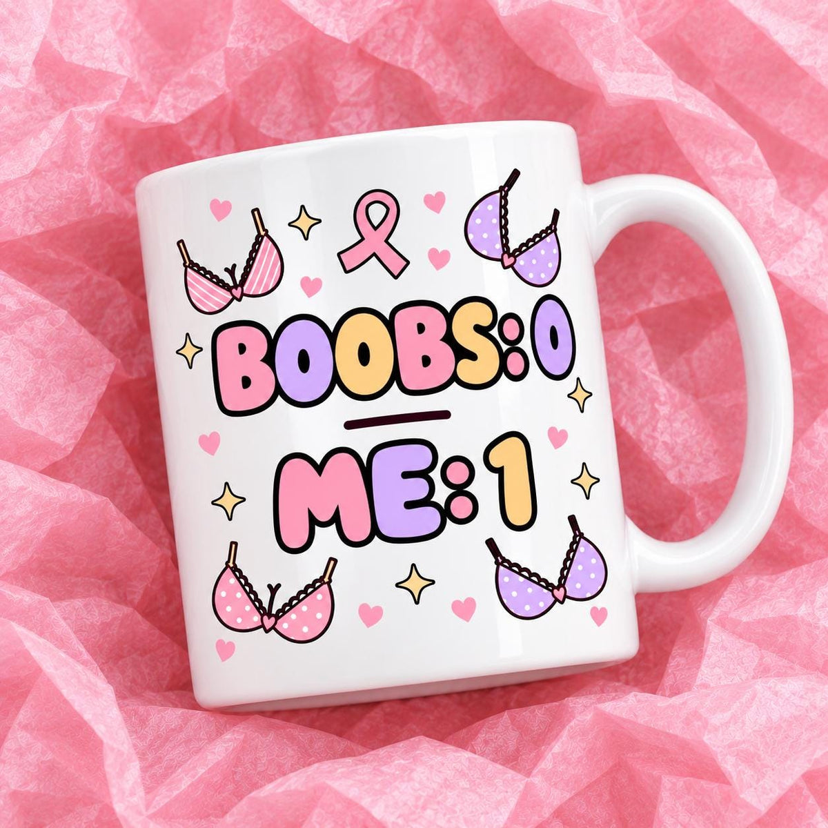 Breast cancer awareness 11oz ceramic mug with funny survivor design on pink tissue paper.