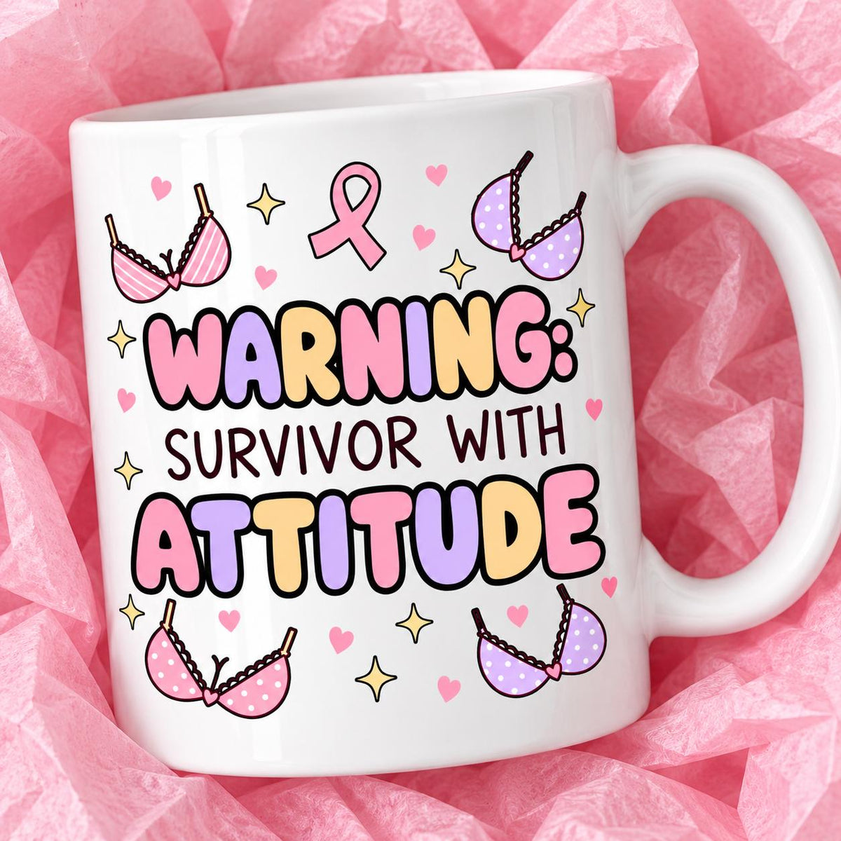 Breast cancer awareness 11oz ceramic mug with funny survivor design on pink tissue paper.