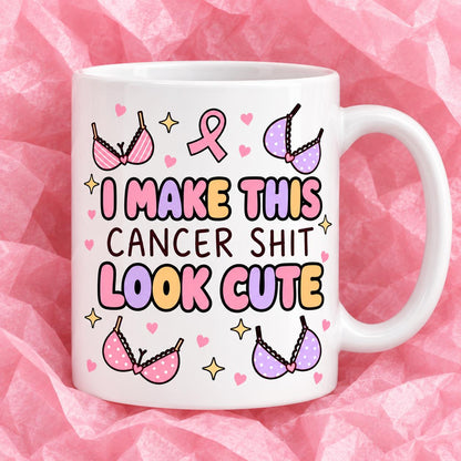 Breast cancer awareness 11oz ceramic mug with funny survivor design on pink tissue paper.