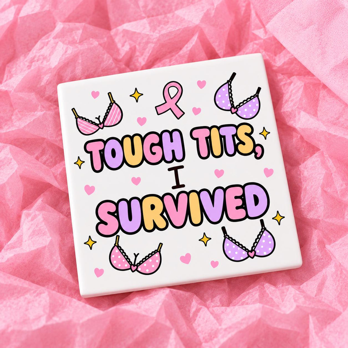 Square 10x10cm ceramic breast cancer awareness coaster with survivor design on pink tissue paper.