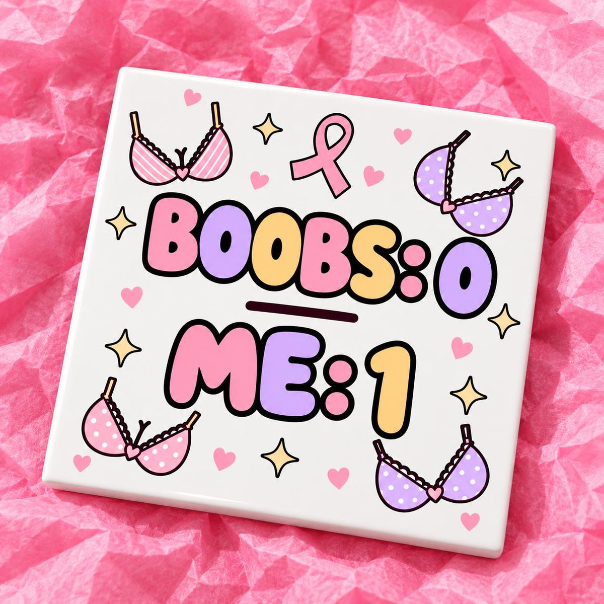 Square 10x10cm ceramic breast cancer awareness coaster with survivor design on pink tissue paper.