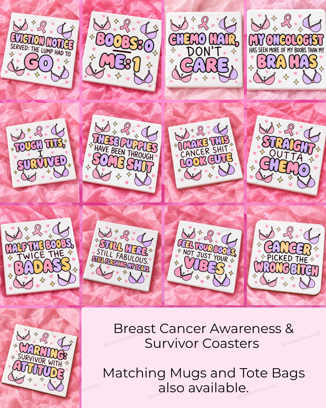 Breast cancer awareness and survivor square ceramic coaster collection with 13 designs.