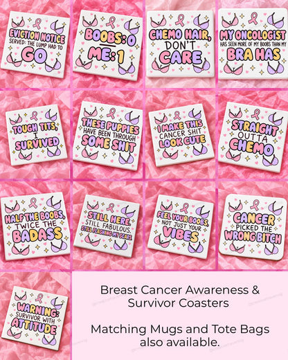 Breast cancer awareness and survivor square ceramic coaster collection with 13 designs.