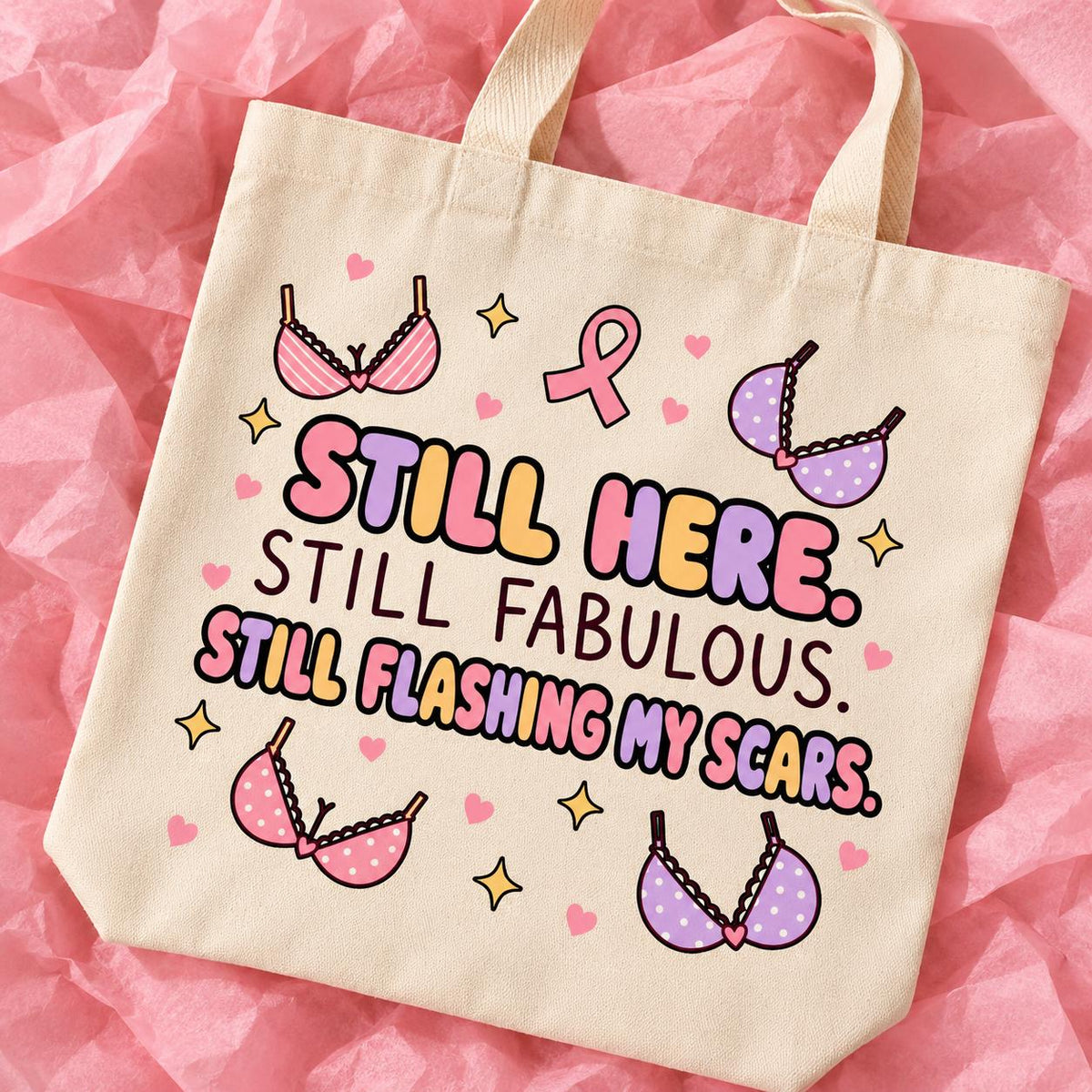 Breast cancer awareness 15x13 inch tote bag with funny survivor design on pink tissue paper.