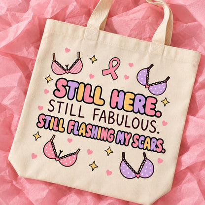 Breast cancer awareness 15x13 inch tote bag with funny survivor design on pink tissue paper.