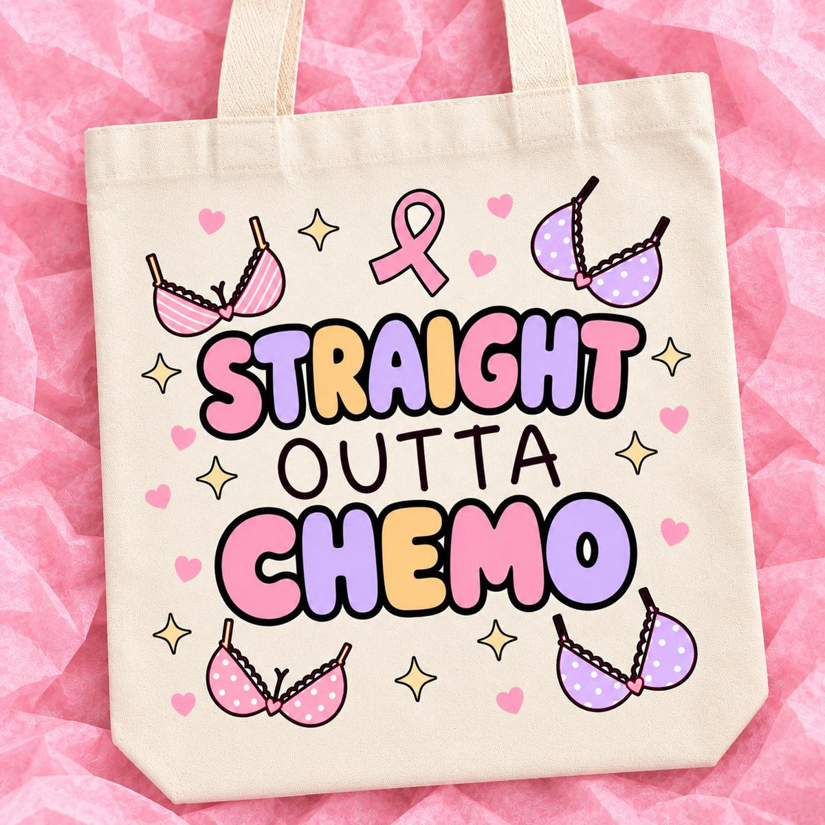 Breast cancer awareness 15x13 inch tote bag with funny survivor design on pink tissue paper.