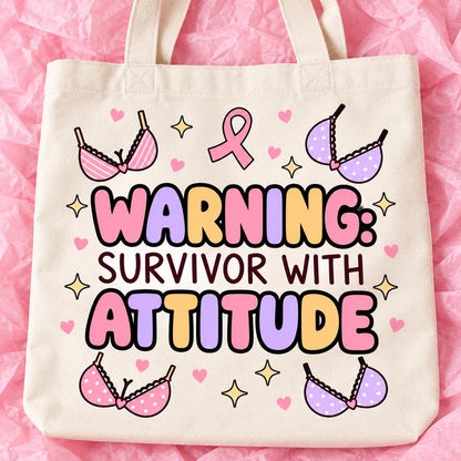 Breast cancer awareness 15x13 inch tote bag with funny survivor design on pink tissue paper.