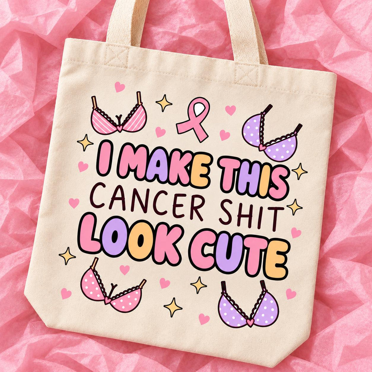 Breast cancer awareness 15x13 inch tote bag with funny survivor design on pink tissue paper.