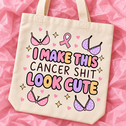 Breast cancer awareness 15x13 inch tote bag with funny survivor design on pink tissue paper.