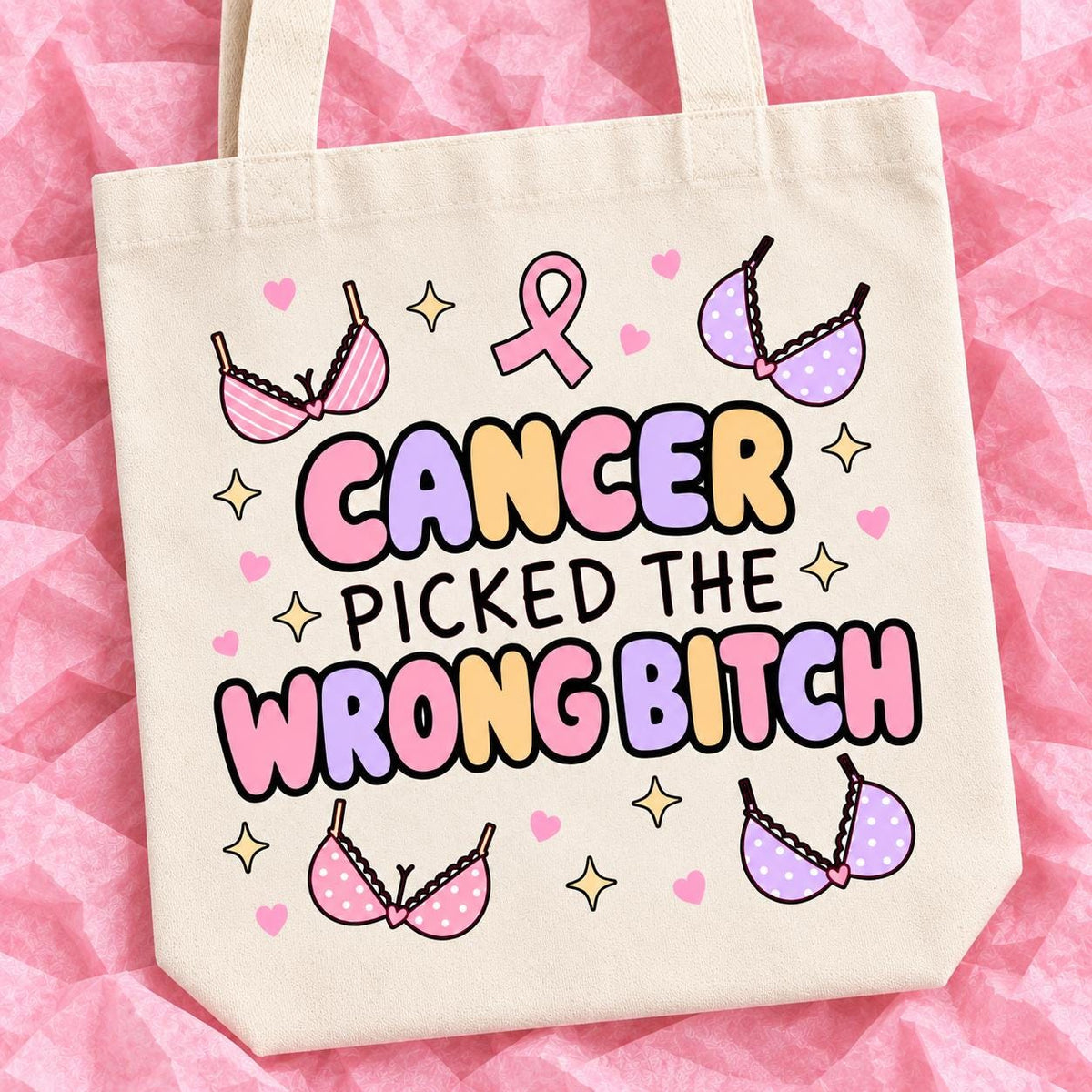 Breast cancer awareness 15x13 inch tote bag with funny survivor design on pink tissue paper.