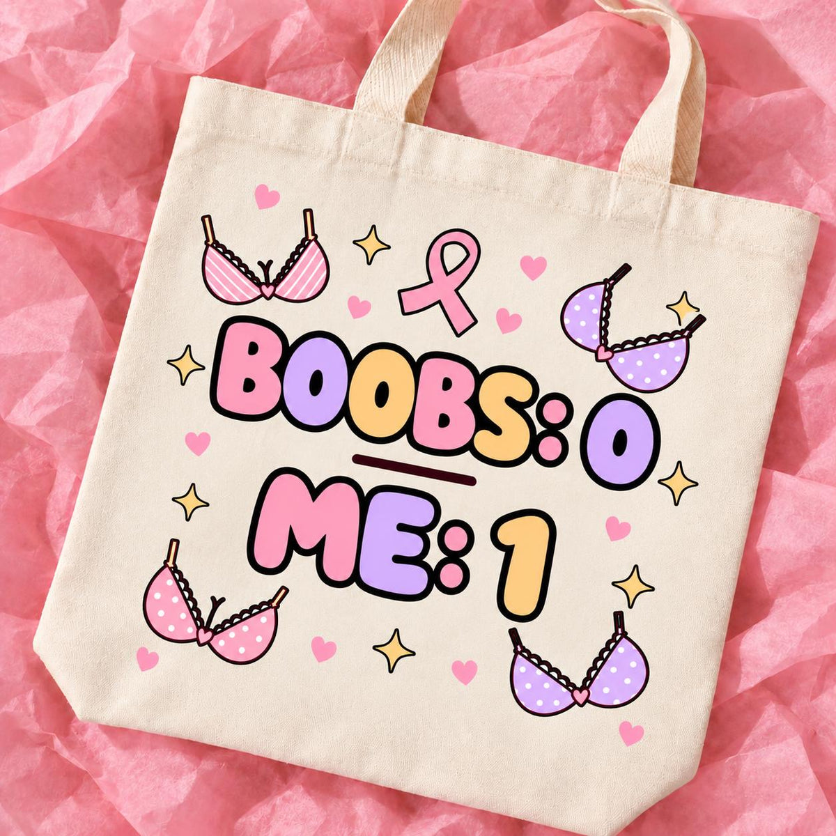 Breast cancer awareness 15x13 inch tote bag with funny survivor design on pink tissue paper.