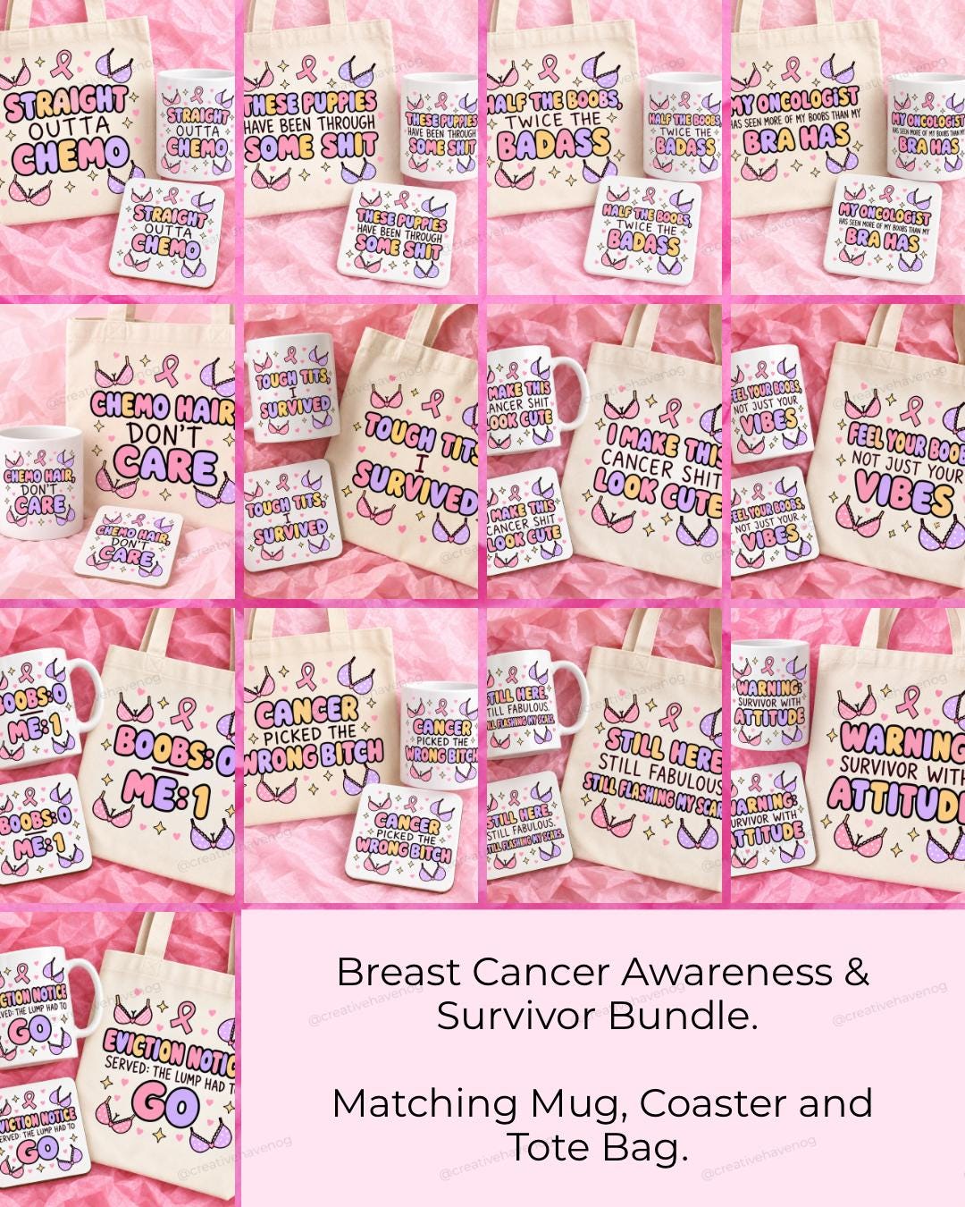 Breast cancer awareness gift set collection with matching mug, square ceramic coaster and tote bag.
