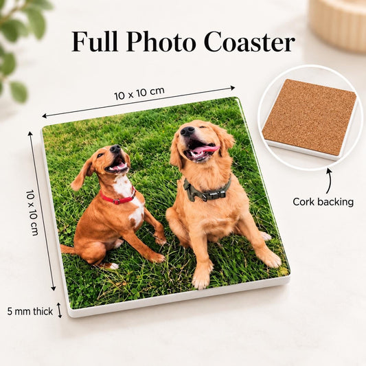 Personalised Full Photo Coaster, Custom Picture Coaster, Pet Family Couple Photo Gift, 10cm Cork Backed Photo Keepsake