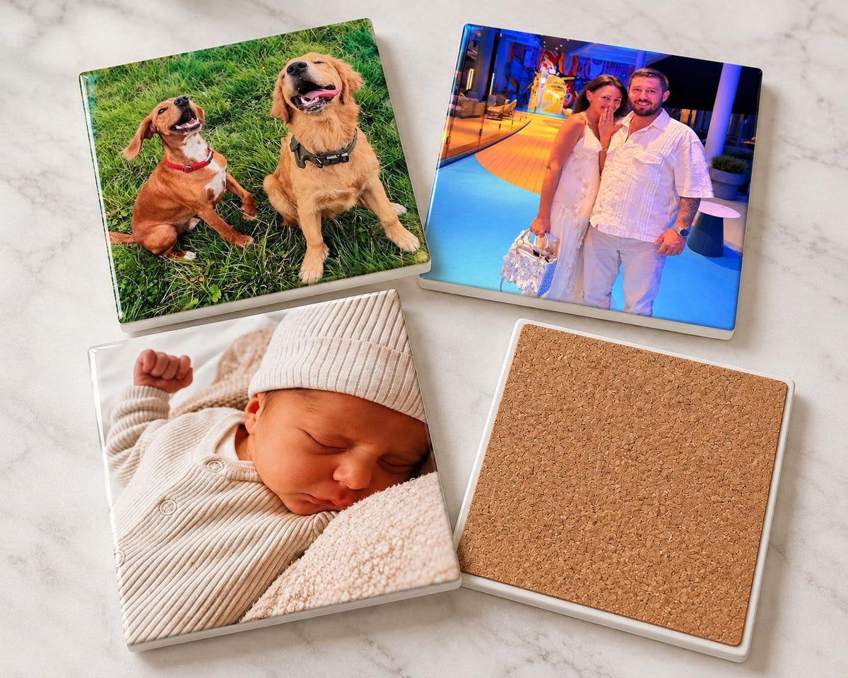 Personalised Full Photo Coaster, Custom Picture Coaster, Pet Family Couple Photo Gift, 10cm Cork Backed Photo Keepsake