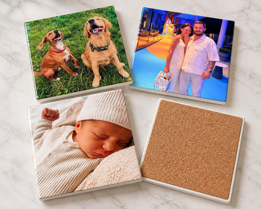 Personalised Full Photo Coaster, Custom Picture Coaster, Pet Family Couple Photo Gift, 10cm Cork Backed Photo Keepsake