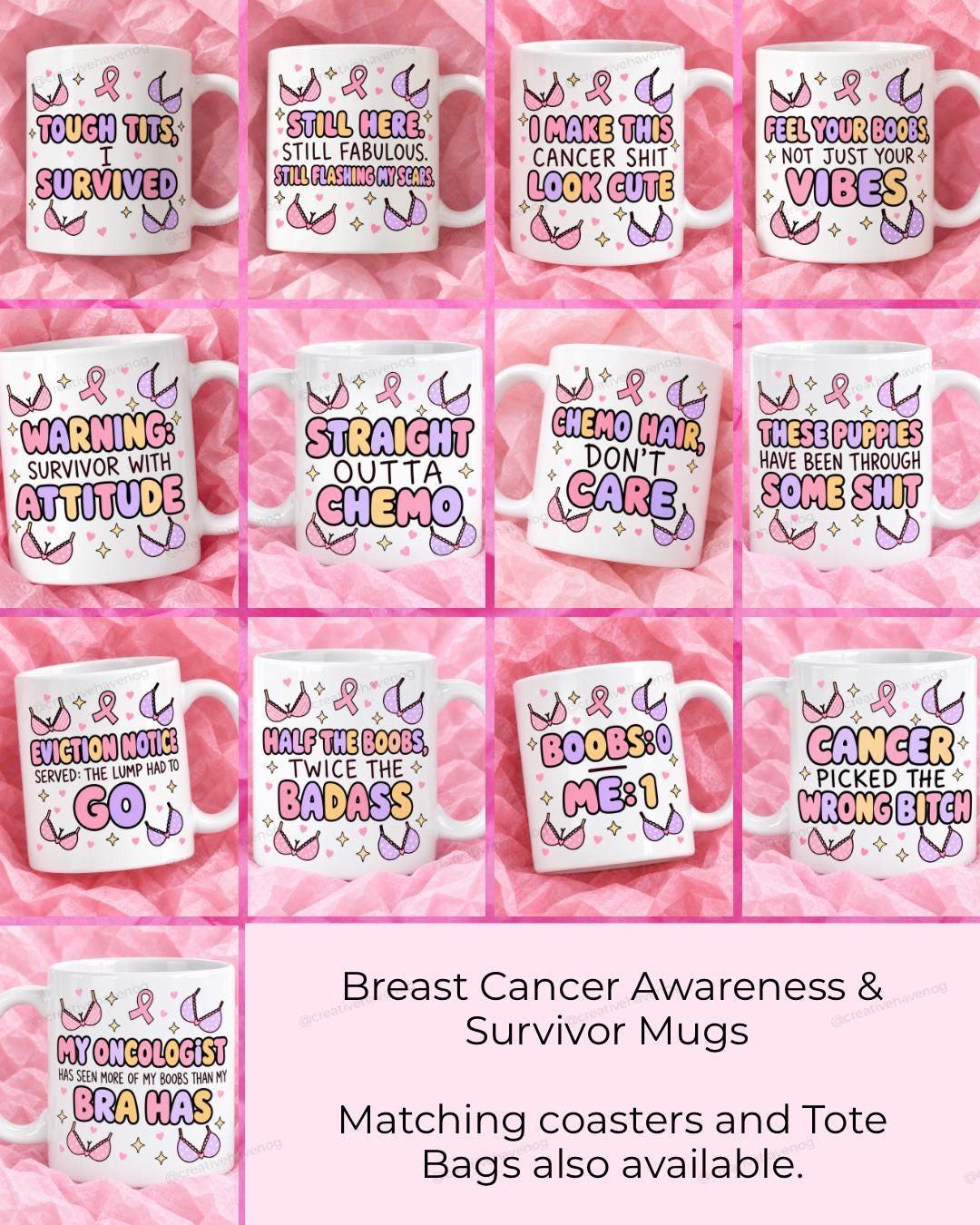 Breast cancer awareness and survivor mug collection with 13 funny pink ribbon designs.