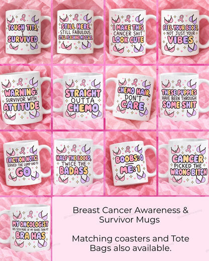 Breast cancer awareness and survivor mug collection with 13 funny pink ribbon designs.