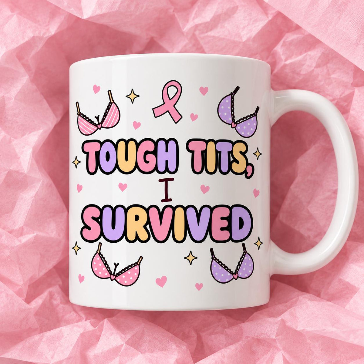 Breast cancer awareness 11oz ceramic mug with funny survivor design on pink tissue paper.