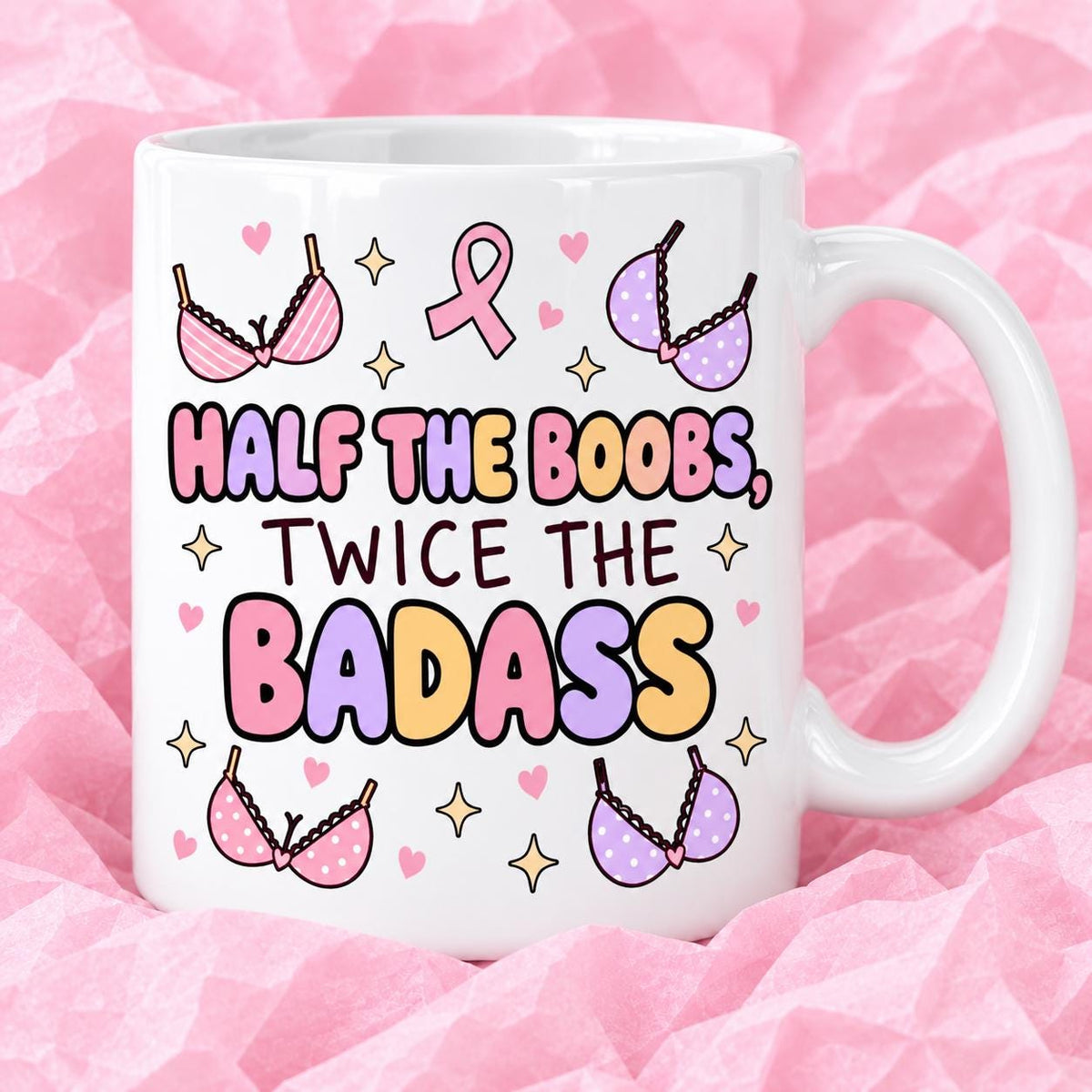 Breast cancer awareness 11oz ceramic mug with funny survivor design on pink tissue paper.