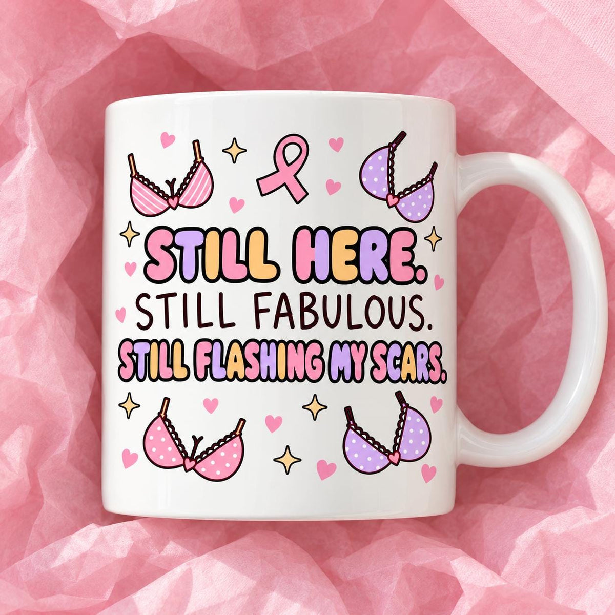 Breast cancer awareness 11oz ceramic mug with funny survivor design on pink tissue paper.