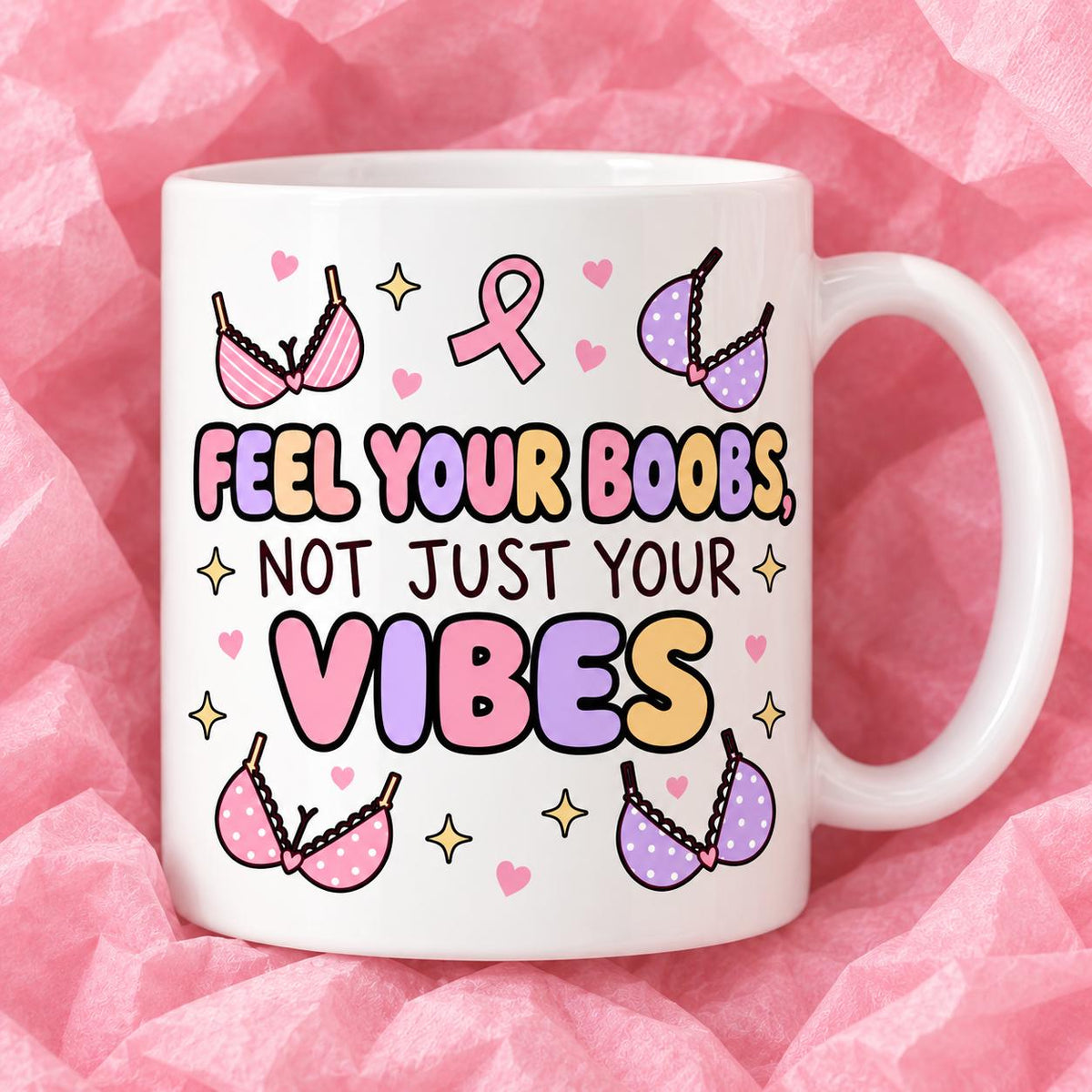 Breast cancer awareness 11oz ceramic mug with funny survivor design on pink tissue paper.