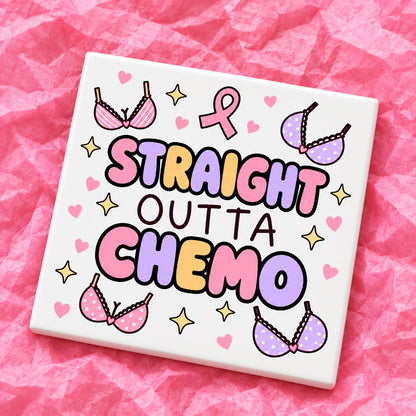 Square 10x10cm ceramic breast cancer awareness coaster with survivor design on pink tissue paper.