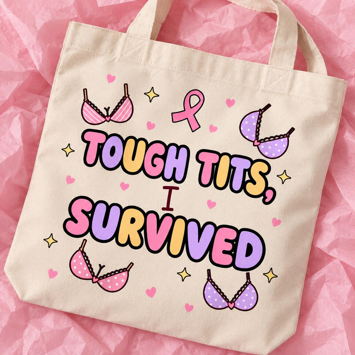 Breast cancer awareness 15x13 inch tote bag with funny survivor design on pink tissue paper.