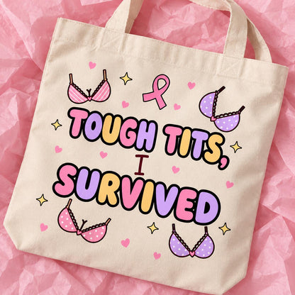 Breast cancer awareness 15x13 inch tote bag with funny survivor design on pink tissue paper.