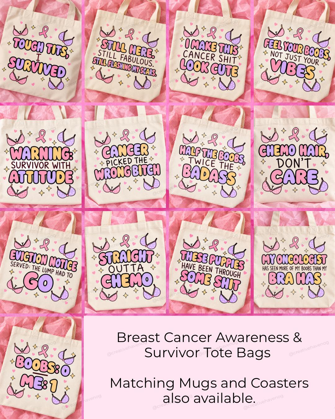 Breast cancer awareness and survivor tote bag collection with 13 funny pink ribbon designs.