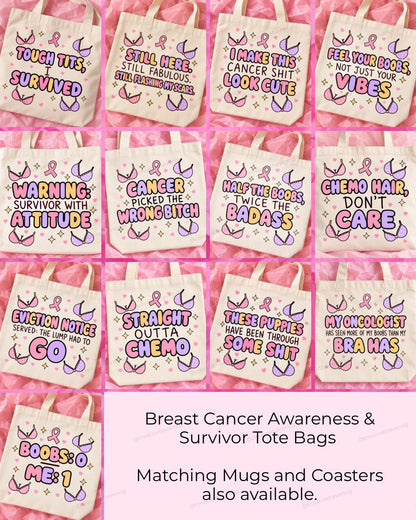 Breast cancer awareness and survivor tote bag collection with 13 funny pink ribbon designs.