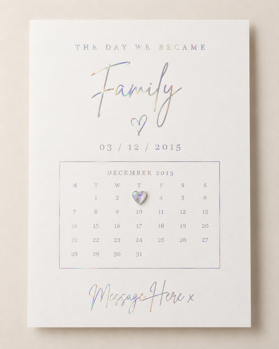 Family personalised special date print in holographic foil with heart gemstone