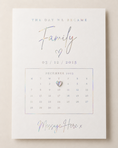 Family personalised special date print in holographic foil with heart gemstone