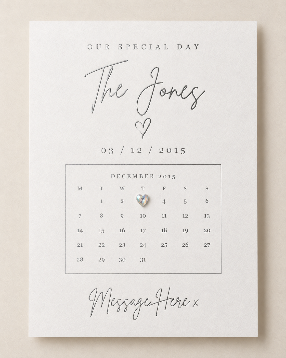 Family surname personalised special date print in silver foil with heart gemstone