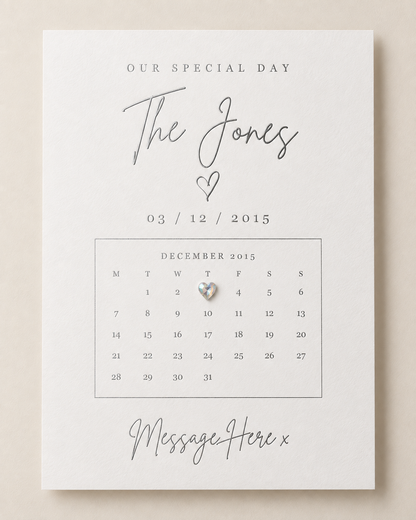 Family surname personalised special date print in silver foil with heart gemstone