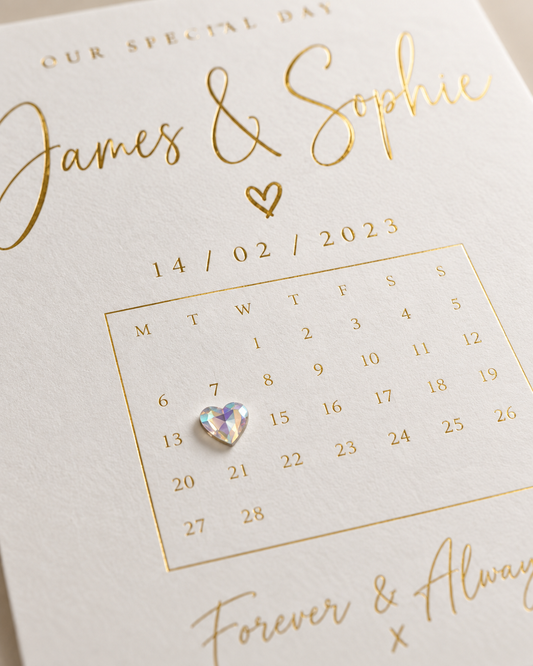 Close-up of foiled special date print showing raised iridescent heart gemstone