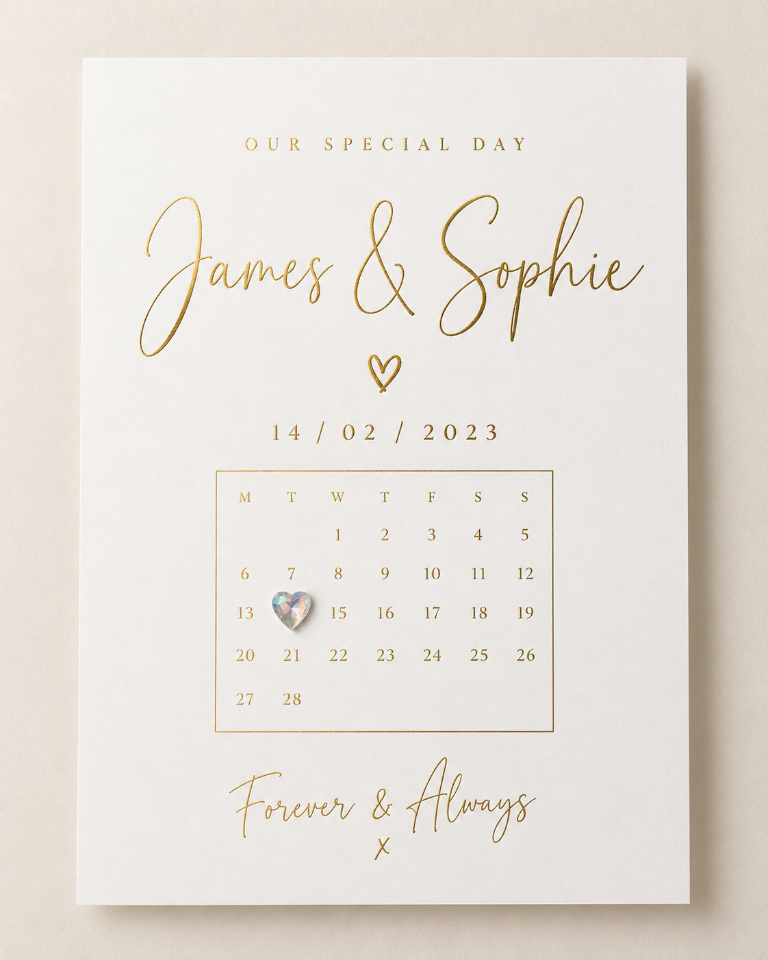 Personalised special date A4 print in gold foil with heart gemstone