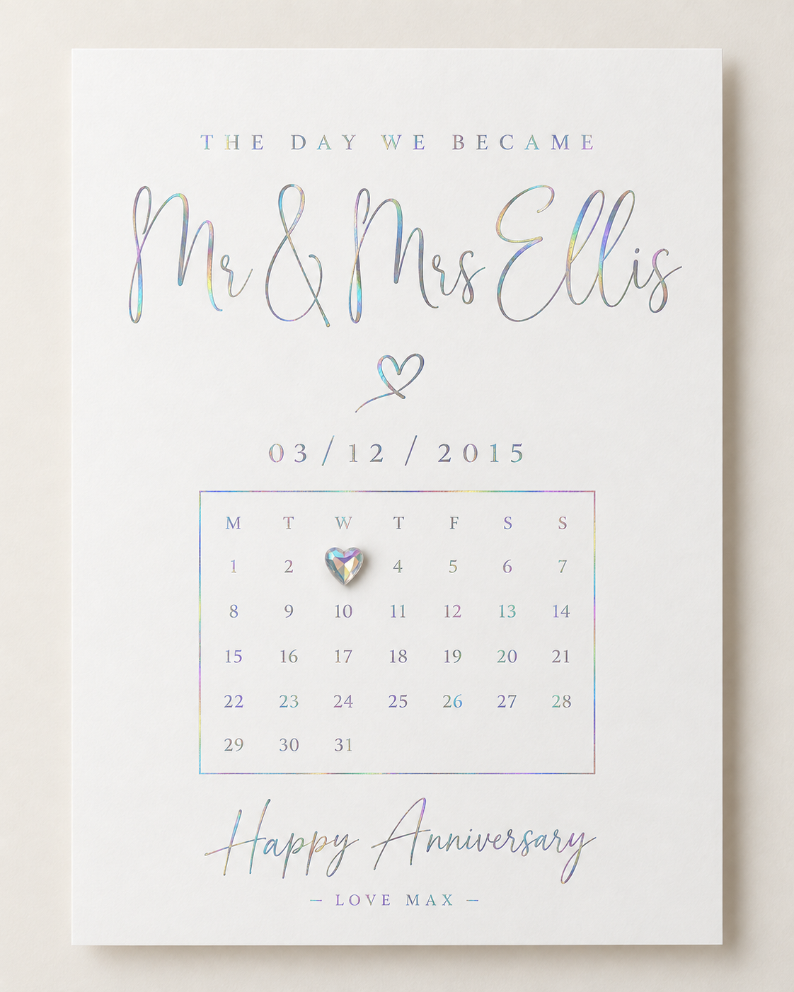 Personalised special date A4 print in holographic silver foil with heart gemstone